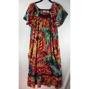 Loungees Vintage Tropical Print Muumuu House Dress Pink Yellow Teal Womens L